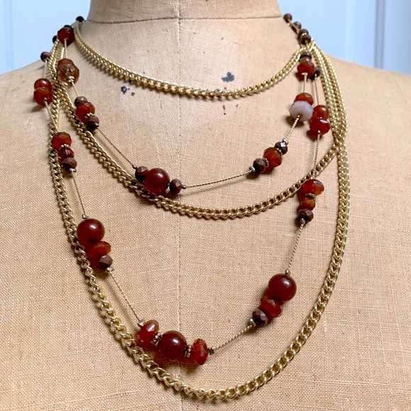 RETRO COSTUME JEWELRY MULTI STRAND STATEMENT NECKLACE GOLD TONE CHAINS WITH GEMS - Picture 1 of 5